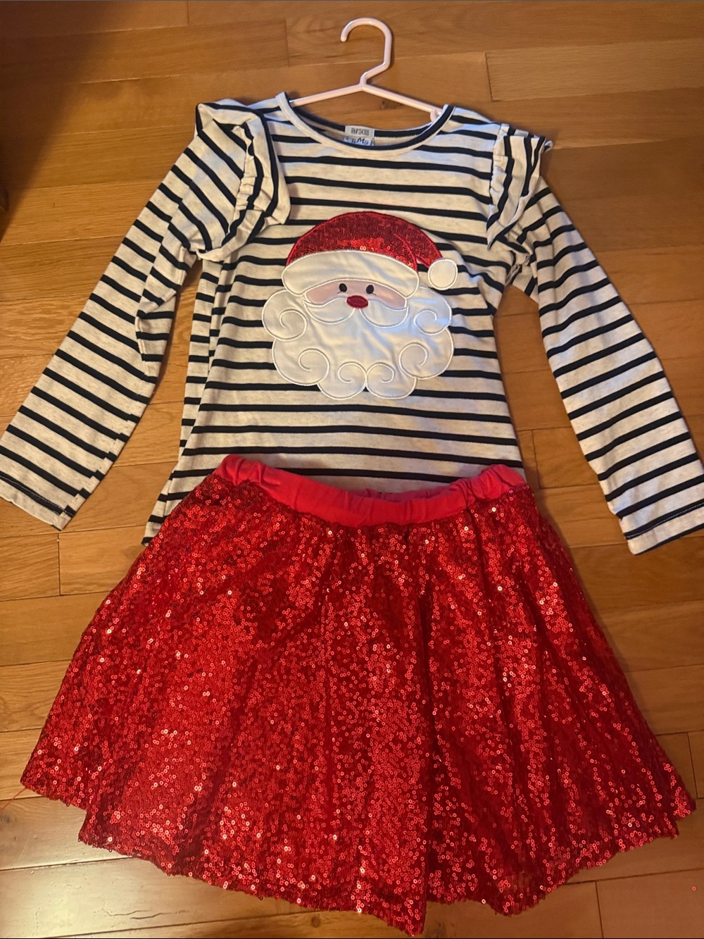 Kids Holiday Santa Stripe Top & Red Sequin Skirt Matching Set